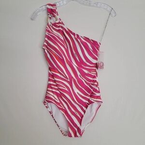 One-Shoulder Pink Zebra Print Swimsuit